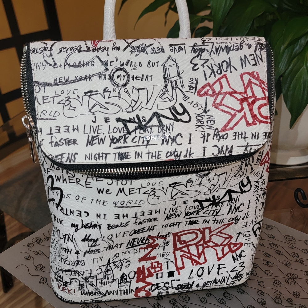 DKNY White and Red Graffiti Backpack